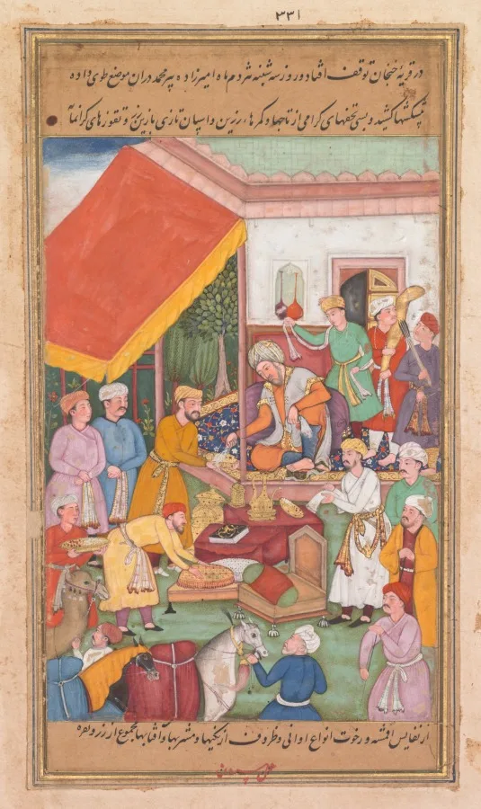 Timur distributes gifts from his grandson, the Prince of Multan, from a Zafar-nama (Book of Victories) — تصویر رکورد موزهٔ هنر کلیولند (دسترسی آزاد)
