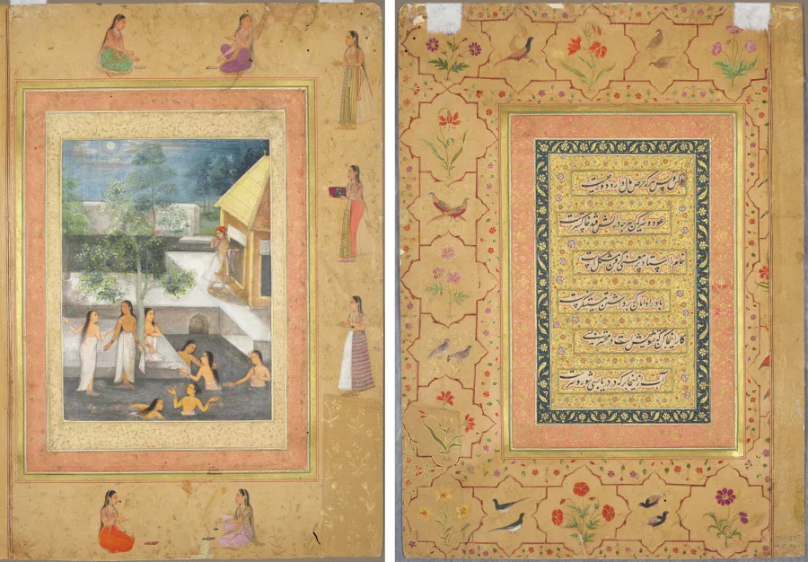 Leaf from the Late Shah Jahan Album: Harem Night-Bathing Scene (recto); Calligraphy Framed by an Ornamental Border of Flowers and Birds (verso) — تصویر رکورد موزهٔ هنر کلیولند (دسترسی آزاد)