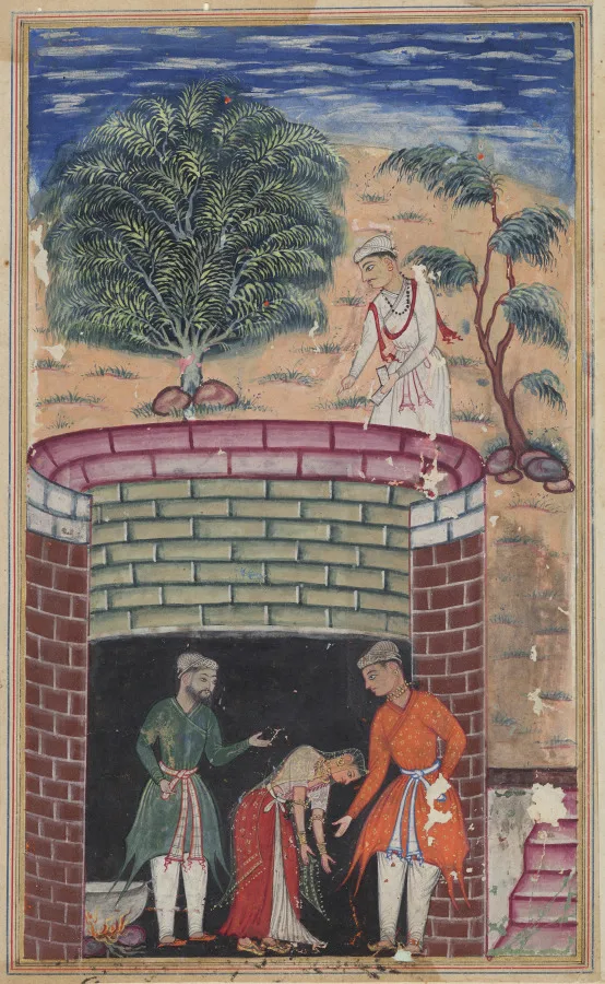 The daughter of the king of the jinns bows before the King of Kings who has just undergone the ordeal of passing through the boiling oil to emerge as a youth, from a Tuti-nama (Tales of a Parrot): Seventh Night — تصویر رکورد موزهٔ هنر کلیولند (دسترسی آزاد)