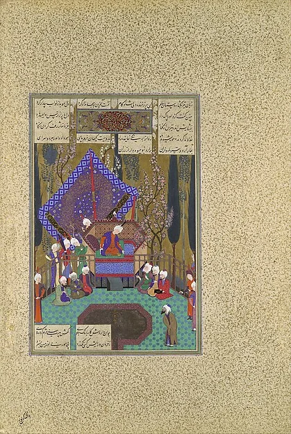 "Zal Consults the Magi", Folio 73v from the Shahnama (Book of Kings) of Shah Tahmasp — تصویر رکورد موزهٔ متروپولیتن (دسترسی آزاد)