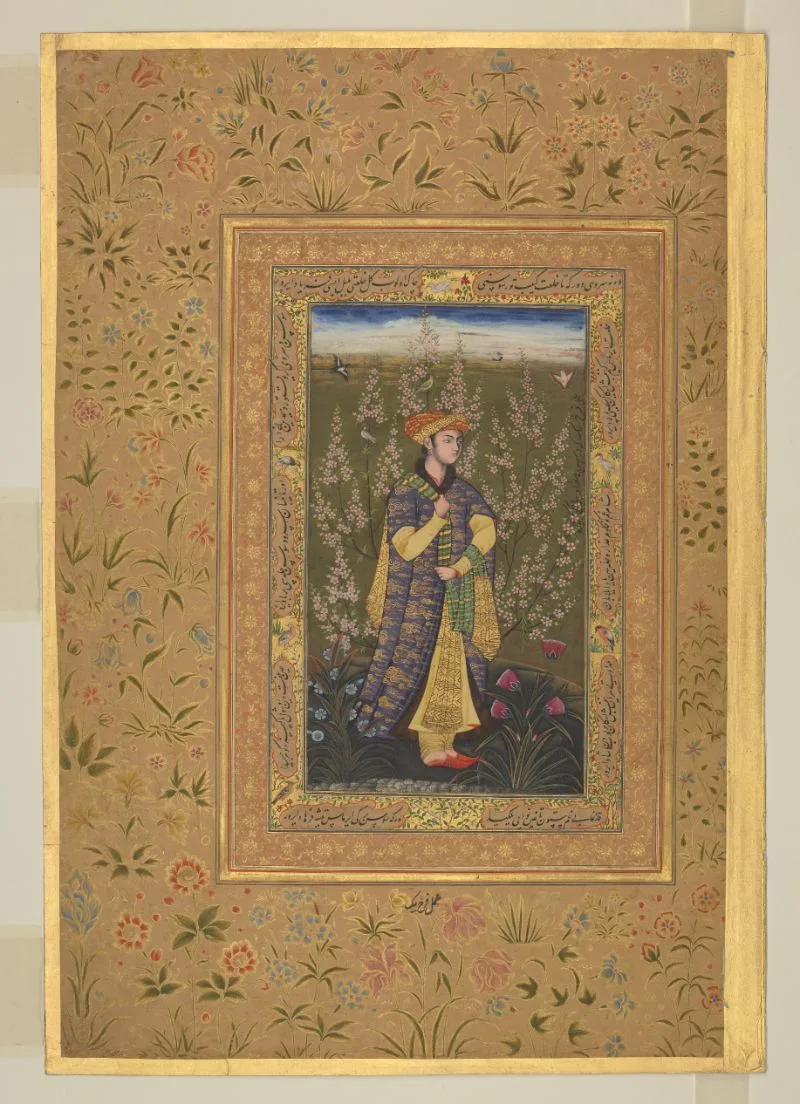 Youth by a flowering tree, by Farrukh Beg (recto), Persian and Chaghatay Turkish calligraphy by Mir `Ali (verso), folio from the Minto Album — تصویر رکورد یوروپیانا