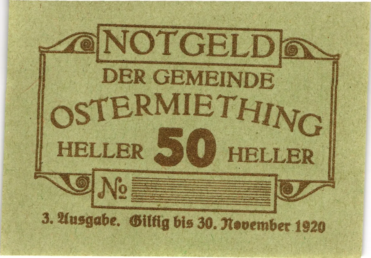 50 Heller, Notgeldschein der Gemeinde Ostermiething, Oberösterreich — تصویر رکورد یوروپیانا