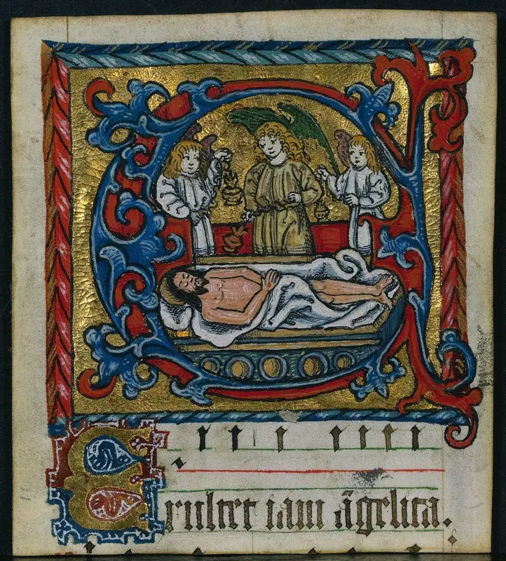 Three Cuttings from a Missal: Initial E with the Angels of the Entombment — تصویر رکورد موزهٔ هنر کلیولند (دسترسی آزاد)