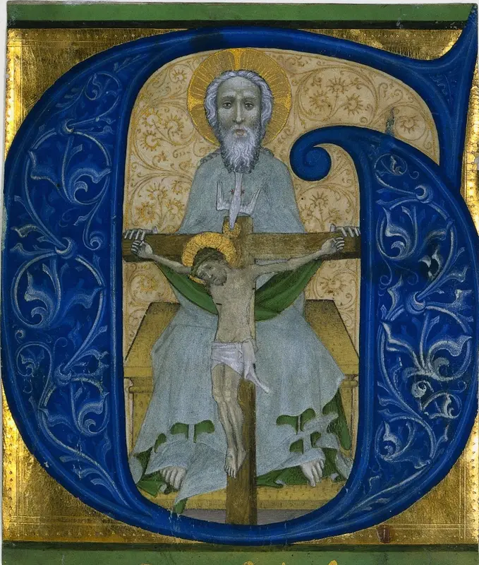 Cutting from an Antiphonary:  Initial G[loria tibi Trinitas]: The Trinity — تصویر رکورد موزهٔ هنر کلیولند (دسترسی آزاد)