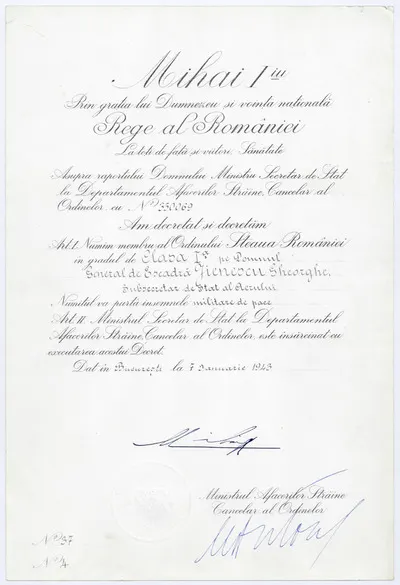 Brevet nr 37/nr.4, emis din București de regele Mihai I (1921-2017), prin care Gheorghe Jienescu, general de escadră, subsecretar de stat al Aerului, este numit membru al “Ordinului Steaua României”,  — تصویر رکورد یوروپیانا
