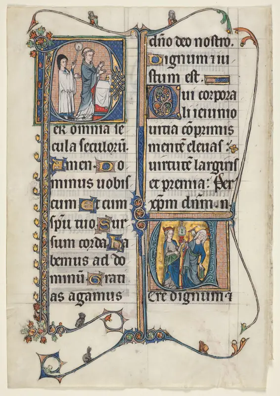 Leaf from a Missal with Two Historiated Initials: Initial P[er omnia saecula saeculorum] (A Priest Celebrates Mass) and Initial V[ere dignum et iustum est] (Ecclesia and Synagogue) — تصویر رکورد موزهٔ هنر کلیولند (دسترسی آزاد)