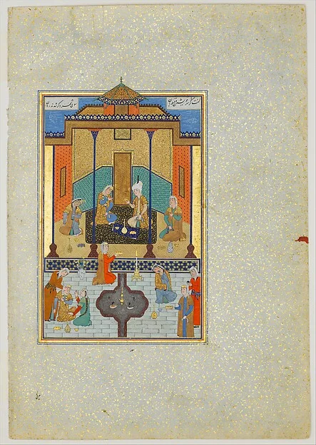 "Bahram Gur in the Sandal Palace on Thursday", Folio 230 from a Khamsa (Quintet) of Nizami of Ganja — تصویر رکورد موزهٔ متروپولیتن (دسترسی آزاد)