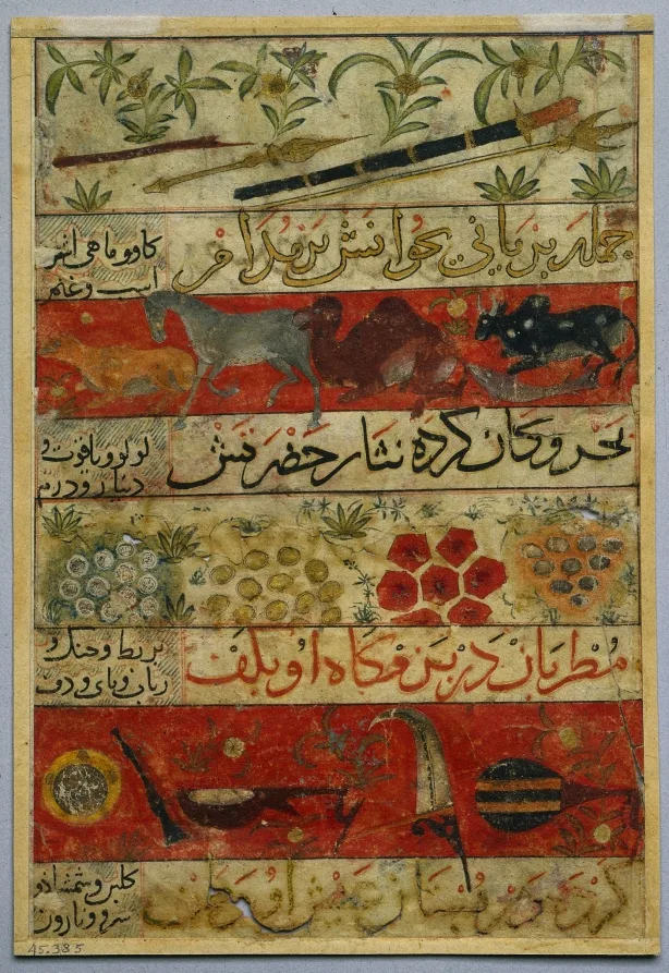 جانوران، سنگهای قیمتی، سکهها و آلات موسیقی (رو)؛ جانوران، پرندگان و گیاهان (پشت) از مونسالاحرار فی دقائقالاشعار اثر محمد بن بدرالدین جاجرمی (فعال در دهه ۱۳۴۰) — نمای تکمیلی ثبتشده در رکورد موزه