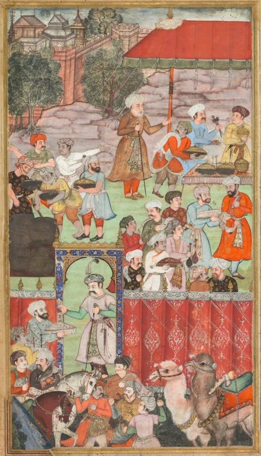 A feast for Babur hosted by his half-brother Jahangir Mirza in Ghazni in May 1505, from a Babur-nama (Memoirs of Babur) — تصویر رکورد موزهٔ هنر کلیولند (دسترسی آزاد)