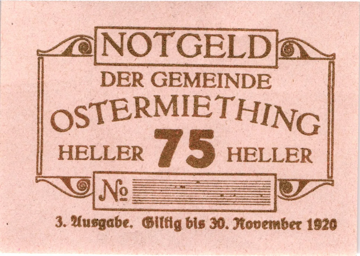 75 Heller, Notgeldschein der Gemeinde Ostermiething, Oberösterreich — تصویر رکورد یوروپیانا