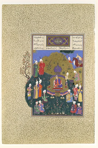 "Buzurjmihr Appears at Nushirvan's Fifth Assembly", Folio 622r from the Shahnama (Book of Kings) of Shah Tahmasp — تصویر رکورد موزهٔ متروپولیتن (دسترسی آزاد)