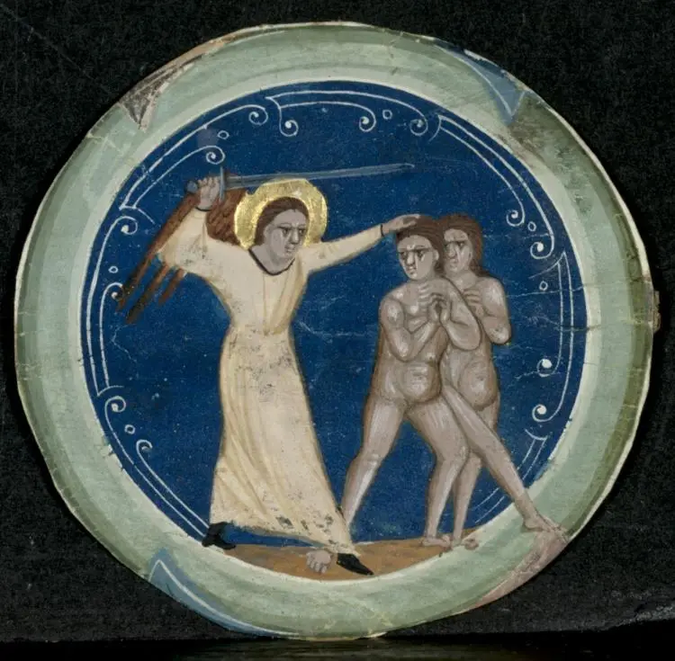 Medallion from the Border of a Latin Bible: The Expulsion of Adam and Eve from Paradise — تصویر رکورد موزهٔ هنر کلیولند (دسترسی آزاد)