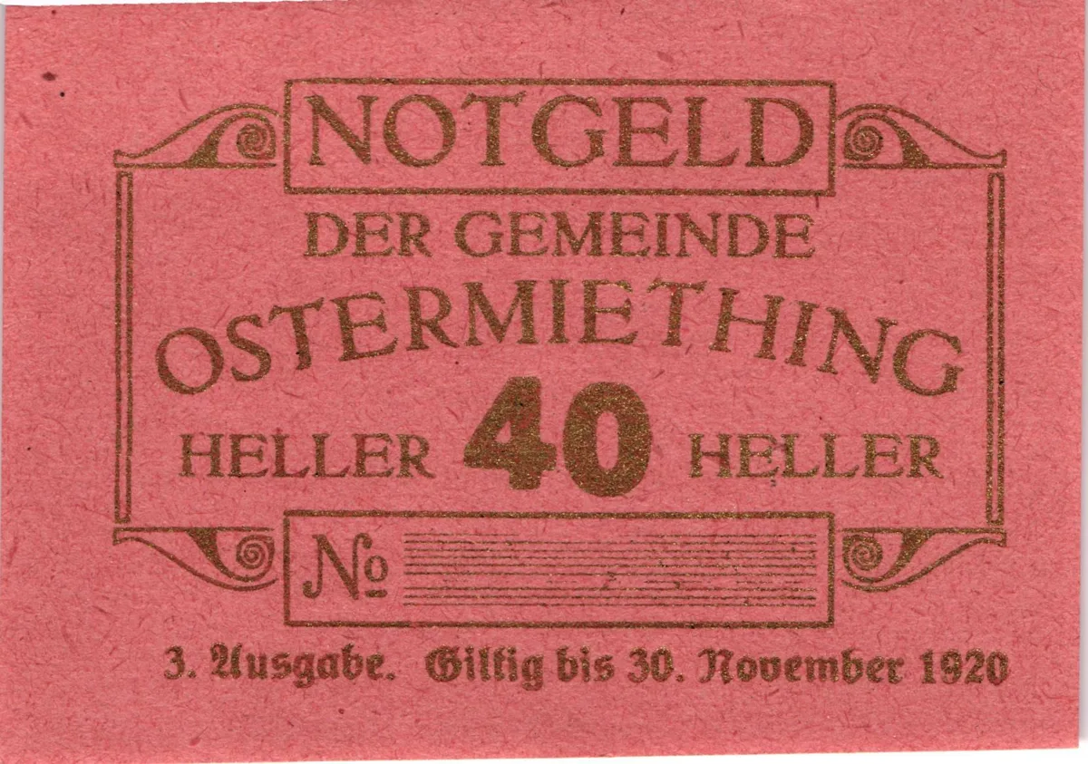 40 Heller, Notgeldschein der Gemeinde Ostermiething, Oberösterreich — تصویر رکورد یوروپیانا