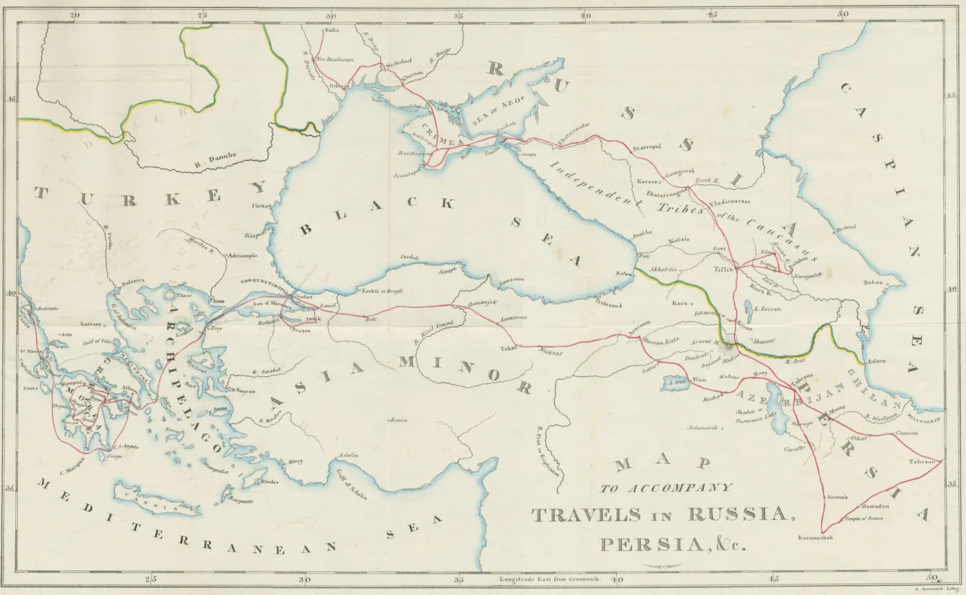 Χάρτης του τεξιδιού του Τόμας Άλκοκ (Thomas Alcock) στην Ελλάδα, την Οθωμανική Αυτοκρατορία, τη Ρωσία και την Περσία. — تصویر رکورد یوروپیانا