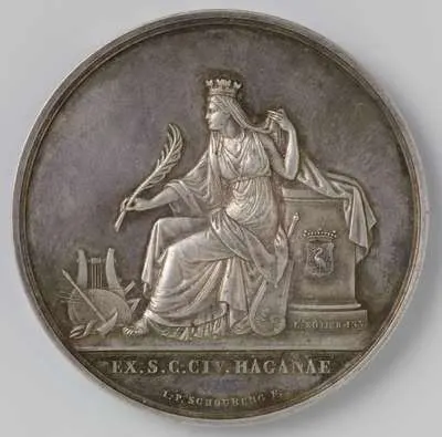 Prijspenning, verleend aan de schilder Johannes Bosboom in 1839 tijdens de tweejaarlijkse tentoonstelling van schilderijen in Den Haag door de Gemeente Den Haag voor zijn schilderij De Parijse kade in — تصویر رکورد یوروپیانا
