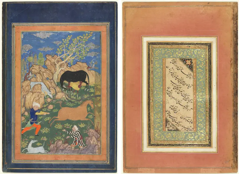 Rustam Lassoing his Horse, Rakhsh, in a Landscape (recto); Calligraphy, Persian Verses (verso) — تصویر رکورد موزهٔ هنر کلیولند (دسترسی آزاد)