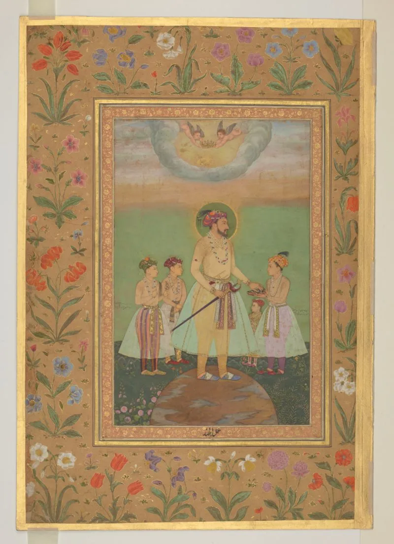 Shah Jahan on a globe with his four sons, by Balchand (recto), Persian calligraphy by Mir `Ali (verso), folio from the Minto Album — تصویر رکورد یوروپیانا