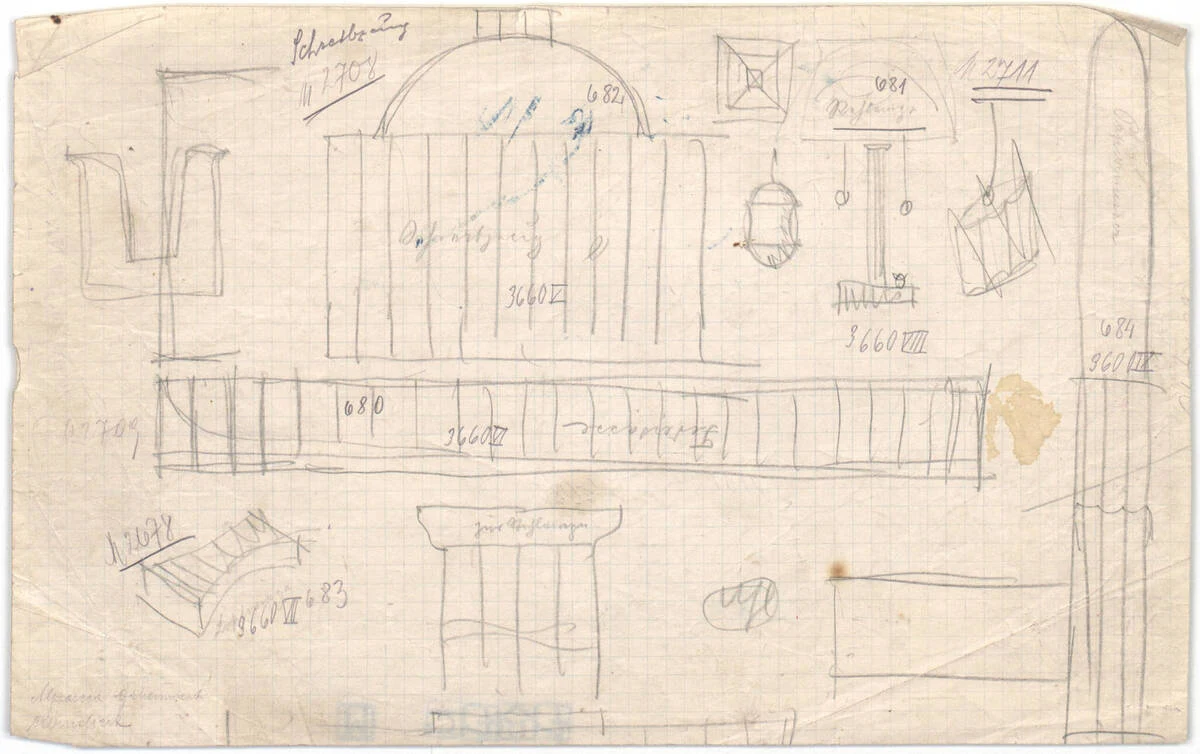 Writing set: “Löschwiege” [Blotter], “Schreibzeug” [Ink Standish], “Federntasse” [Penholder], “Papiermesser” [Paper Knife], “Stehlampe” [Floor Lamp] (Originaltitel) — تصویر رکورد یوروپیانا