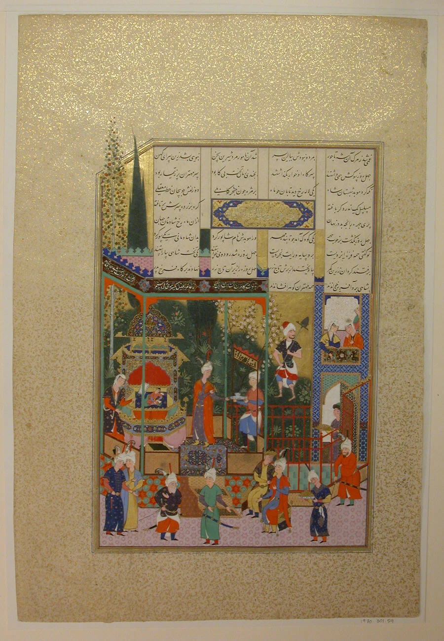 «تاج‌گذاری شاپور دوم در نوزادی»، برگ ۵۳۸ رو از شاهنامه شاه‌طهماسب — نمای تکمیلی ثبت‌شده در رکورد موزه