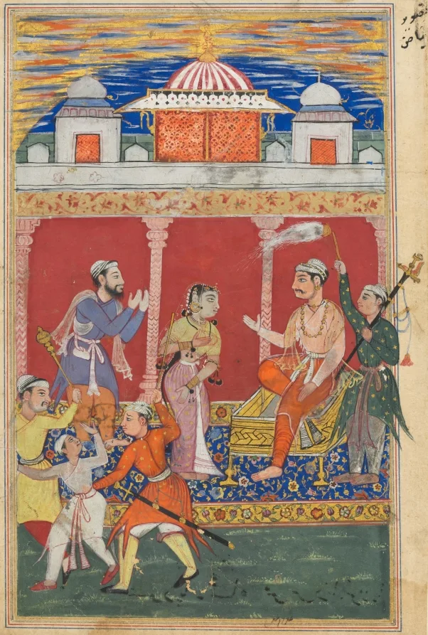 The prince’s ordeal continues, he is ordered away to be executed for the fifth time, from a Tuti-nama (Tales of a Parrot): Eighth Night — تصویر رکورد موزهٔ هنر کلیولند (دسترسی آزاد)