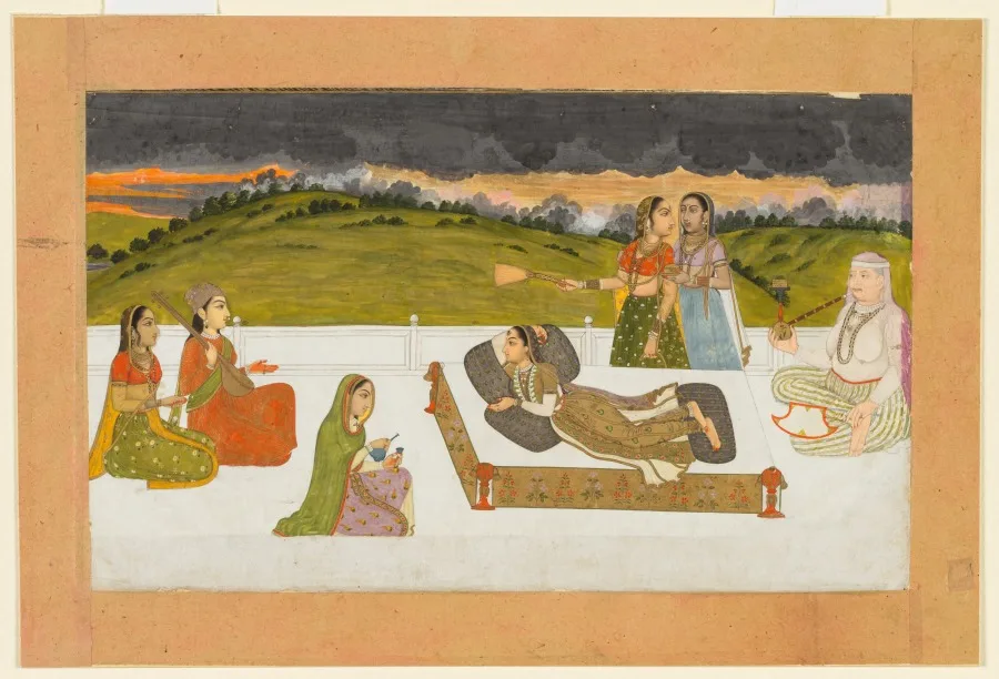 شاهزاده‌خانم لمیده بر تخت در ایوان همراه با ندیمه‌ها — نمای تکمیلی ثبت‌شده در رکورد موزه