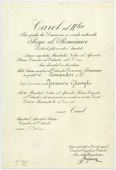 Brevet de decorare cu no. 1711/n 192 emis prin decret regal de regele Carol al II-lea (1893-1953), prin care se acordă căpitanului comandor aviator Gheorghe Jienescu ordinul “Coroana României”, în gra — تصویر رکورد یوروپیانا