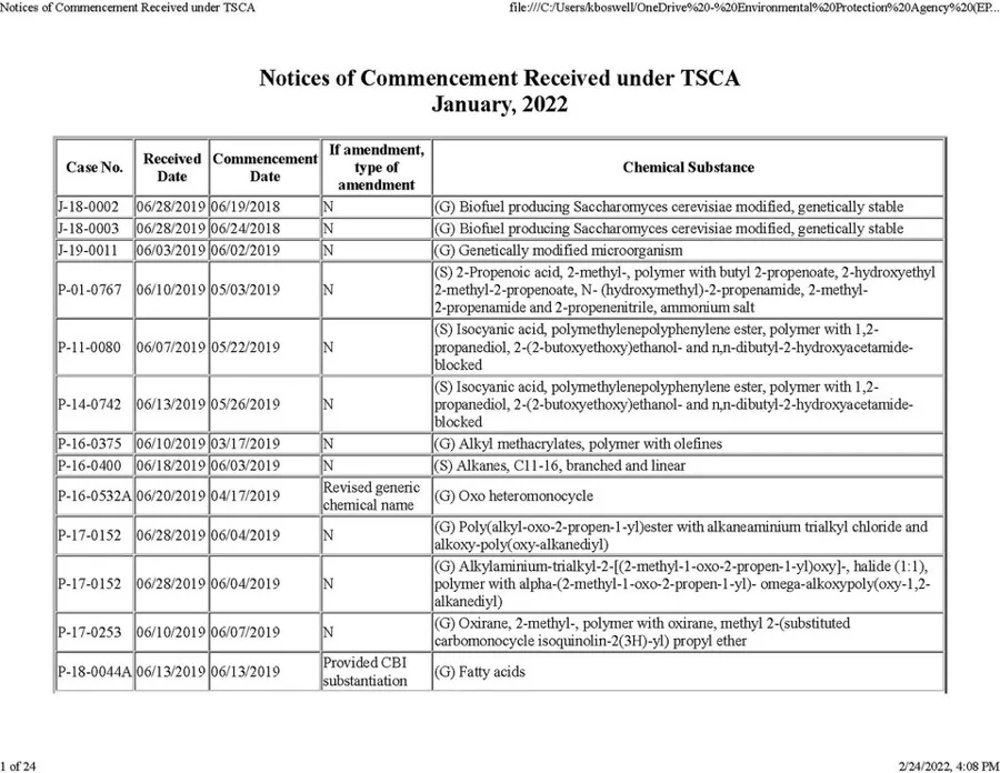 Notices of Commencement Received under TSCA — تصویر رکورد ویکیداده
