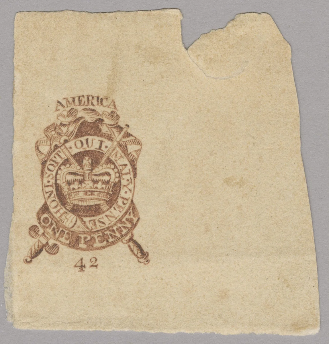 1d “America” Stamp Act newspaper revenue stamp proof — تصویر رکورد موزهٔ ملی هنر آسیایی اسمیتسونیان (دسترسی آزاد)