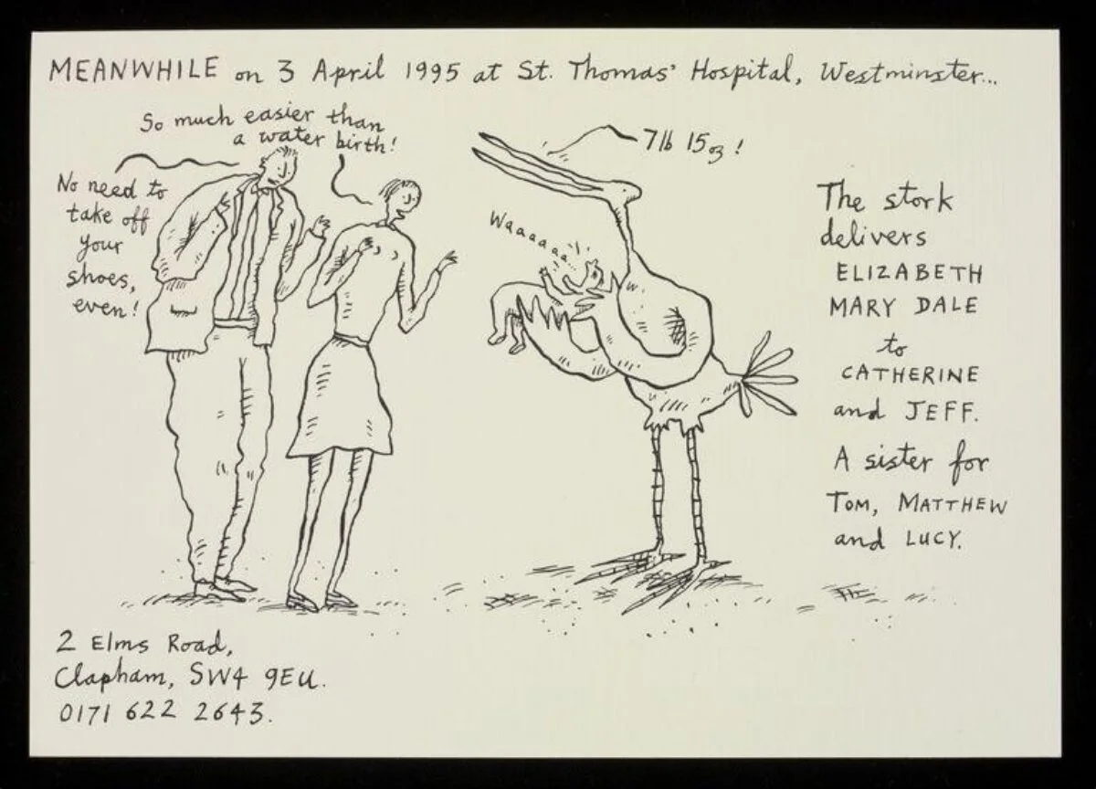 Announcement card for the birth of Elizabeth Mary Dale to Catherine McDermott and Jeff Dale. — تصویر رکورد موزهٔ ویکتوریا و آلبرت