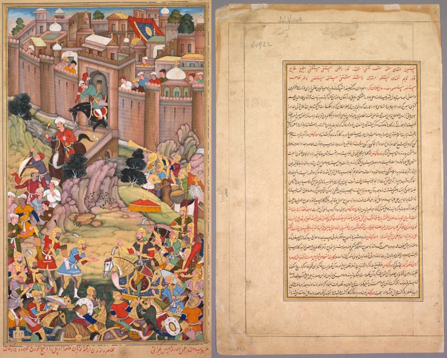 The siege of Arbela in the era of Hulagu Khan, from a Chingiz-nama (Book of Chingiz Khan) of the Jami al-tavarikh (Compendium of Chronicles) of Rashid al-Din (Persian, 1247–1318) — تصویر رکورد موزهٔ هنر کلیولند (دسترسی آزاد)