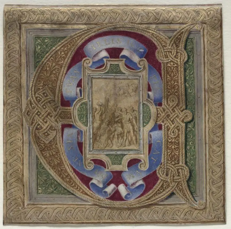 Historiated Initial (E) Excised from the Colonna Missal: The Martyrdom of Saint Stephen — تصویر رکورد موزهٔ هنر کلیولند (دسترسی آزاد)