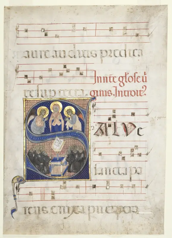 Initial S[alve sancta parens] with the Virgin Adored by Angels, and Singing Benedictine Monks:  Single Leaf from a Gradual — تصویر رکورد موزهٔ هنر کلیولند (دسترسی آزاد)