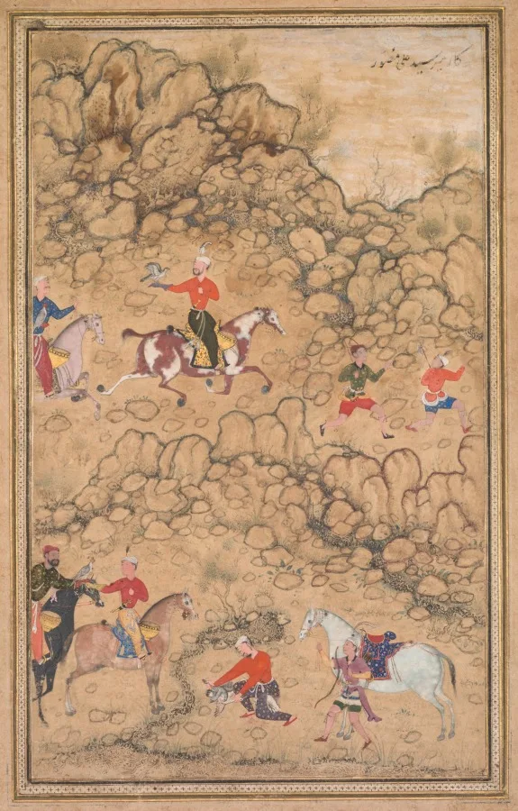 Hunting with falcons in a landscape (recto) — تصویر رکورد موزهٔ هنر کلیولند (دسترسی آزاد)