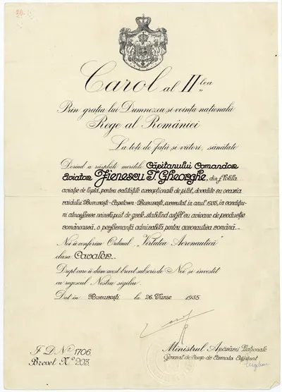 Brevet nr.203, emis de regele Carol al II-lea (1893-1953), la București, 26 iunie 1935, prin care căpitanul comandor Gheorghe Jienescu este decorat cu Ordinul “Virtutea Aeronautică”, clasa cavaler, pe — تصویر رکورد یوروپیانا