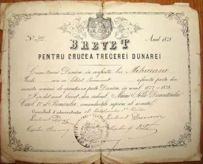 Brevet militar nr. 392/1878 Crucea Trecerii Dunării — تصویر رکورد یوروپیانا