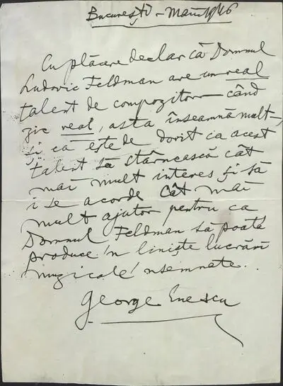 Scrisoare de recomandare din partea compozitorului George Enescu, destinatar necunoscut — تصویر رکورد یوروپیانا