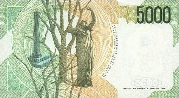 پشت اسکناس 5,000 L لیرهٔ ایتالیا