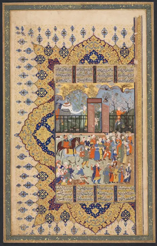 King Luhrasp Ascends the Throne: a Processon Arrives at Court, recto of the left folio of a double-page composition from a Shahnama (Book of Kings) of Firdausi (940-1019 or 1025) — تصویر رکورد موزهٔ هنر کلیولند (دسترسی آزاد)