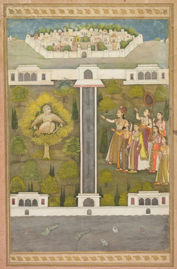 Mahliqa, Daughter of the Emperor of China, Pointing at the Bird-Man Khwaja Mubarak: A Leaf from a Poetical Romance Relating to Shah Alam I (recto) — تصویر رکورد موزهٔ هنر کلیولند (دسترسی آزاد)