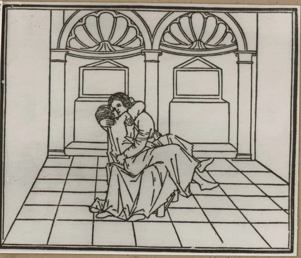 Fotografie der Abbildung eines Holzschnitts aus Francesco Colonnas "Hypnerotomachia Poliphili" zum Thema "Renaissancemobiliar in italienischen Inkunabeln" (vom Bearbeiter vergebener Titel) — تصویر رکورد یوروپیانا
