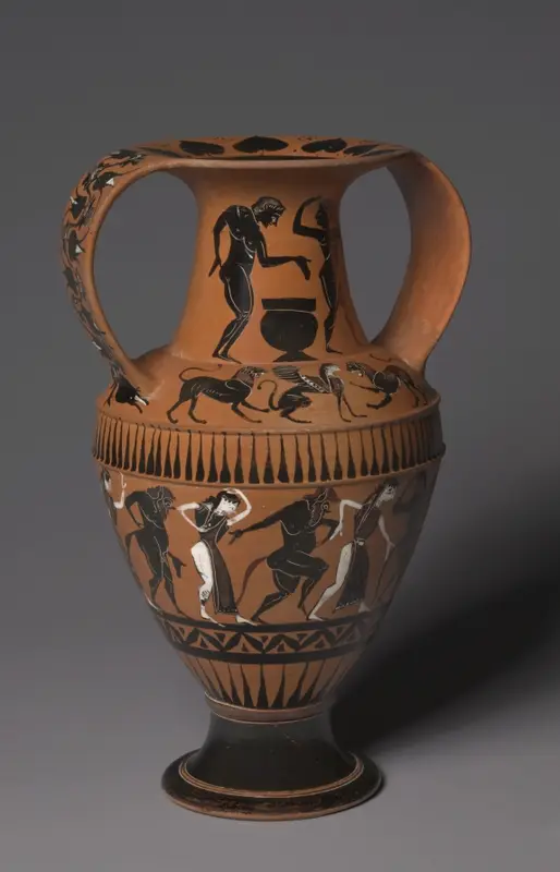 Black-Figure Nikosthenic Amphora (Storage Vessel): Dancing Youths; Sphinxes and Lions; Satyrs and Maenads — تصویر رکورد موزهٔ هنر کلیولند (دسترسی آزاد)