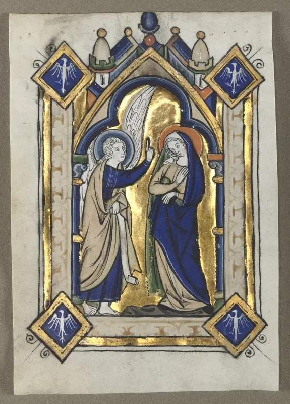 Leaf Excised from a Psalter: The Annunciation — تصویر رکورد موزهٔ هنر کلیولند (دسترسی آزاد)