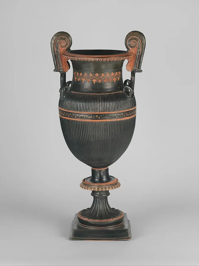 Pair of terracotta volute-kraters (vases for mixing wine and water) with stands — تصویر رکورد ویکیداده