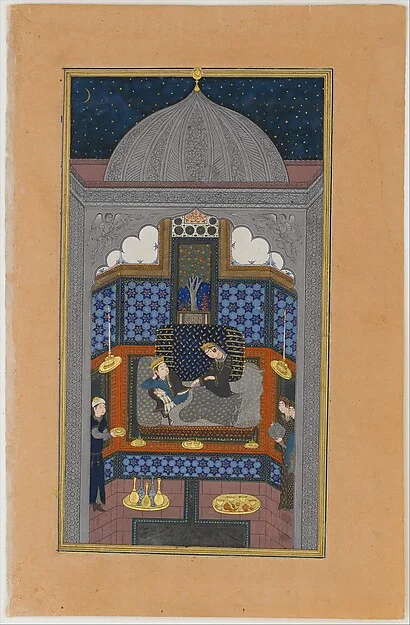 "Bahram Gur and the Indian Princess in the Dark Palace on Saturday", Folio 23v from a Haft Paikar (Seven Portraits) of the Khamsa (Quintet) of Nizami of Ganja — تصویر رکورد موزهٔ متروپولیتن (دسترسی آزاد)