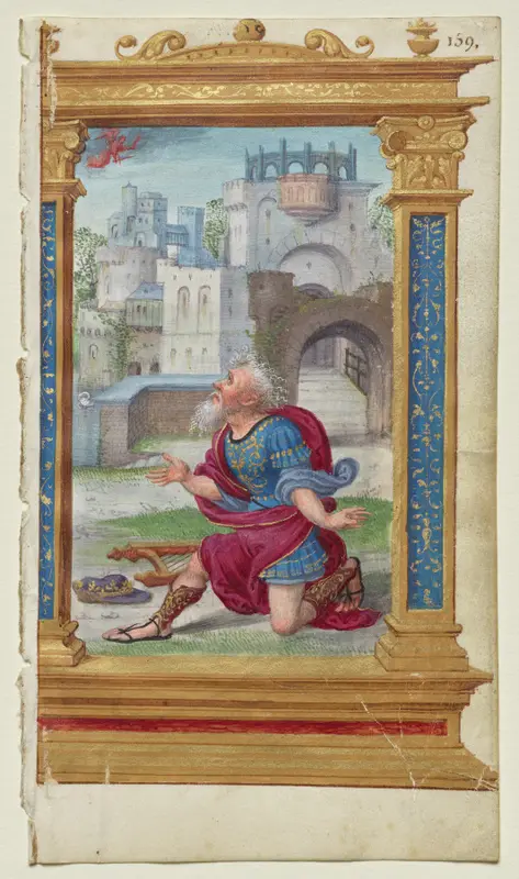 Leaf from a Book of Hours: King David in Prayer (2 of 3 Excised Leaves) — تصویر رکورد موزهٔ هنر کلیولند (دسترسی آزاد)