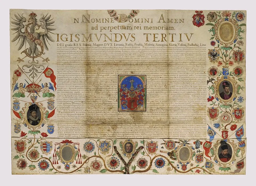 Ennoblement Act of Jan Januszowski (1550-1613), publisher and manager of the Oficyna Łazarzowa in Kraków, granted by King Sigismund III Vasa — تصویر رکورد ویکیداده