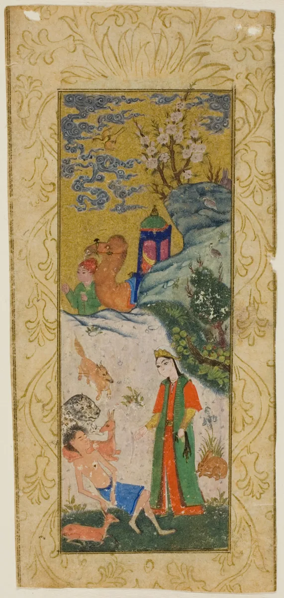 Layla Visiting Majnun in the Desert, page from a copy of the Khamsa of Nizami — تصویر رکورد مؤسسهٔ هنر شیکاگو (دسترسی آزاد)