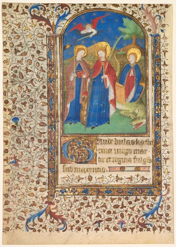 Leaf from a Book of Hours: Sts. Geneviève, Catherine of Alexandria, and Margaret (recto) — تصویر رکورد موزهٔ هنر کلیولند (دسترسی آزاد)