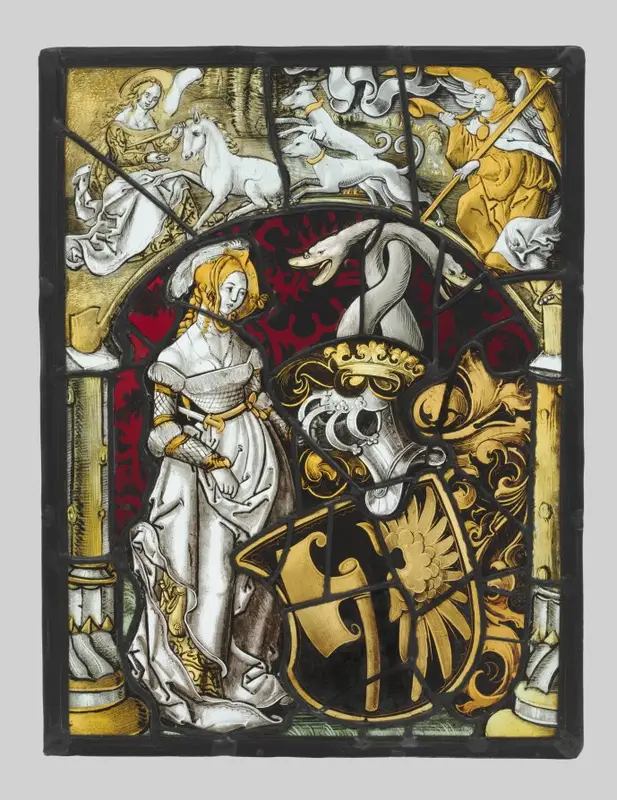 Heraldic Panel with Arms of Lichtenfels and a Unicorn Hunt — تصویر رکورد موزهٔ هنر کلیولند (دسترسی آزاد)