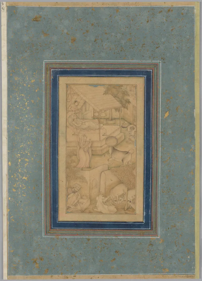 A woman mistakes a cow for the Angel of Death, from a Lights of Canopus (Anwar-i Suhaili) of Kashifi (Iranian, d. 1504) — تصویر رکورد موزهٔ هنر کلیولند (دسترسی آزاد)